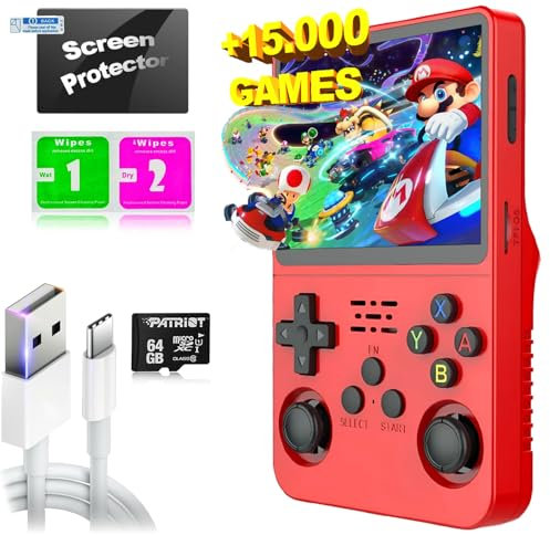 SVP Game - R36S Consola Retro Portatil PS1, n64, nDS, SuperN, GameB, Arcade, Atari, GBA, PSP Consola Portatil 15.000 Juegos Emulador Retro, Game Console, Videojuegos (Rojo A 64 GB + Estuche + USB)