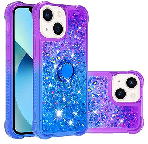IMEIKONST Compatible with iPhone 13 Mini Glitter Gradient Case, Sparkle Quicksand Clear TPU Bumper Silicone Shell Metal Ring Stand Fuction Shockproof Cover for iPhone 13 Mini. Purple Blue JBZ