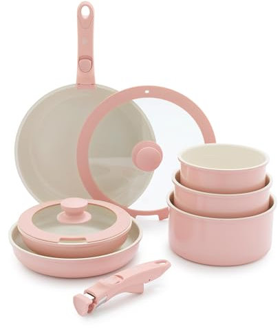 GreenLife 10 Piece Nonstick Pots & Pans Set, Detachable Handle & Stackable Cookware Set, Non Toxic PFAS-Free Skillets, Induction Kitchen Pans, Space Saving, Serving Bowls, Oven Safe, Light Pink