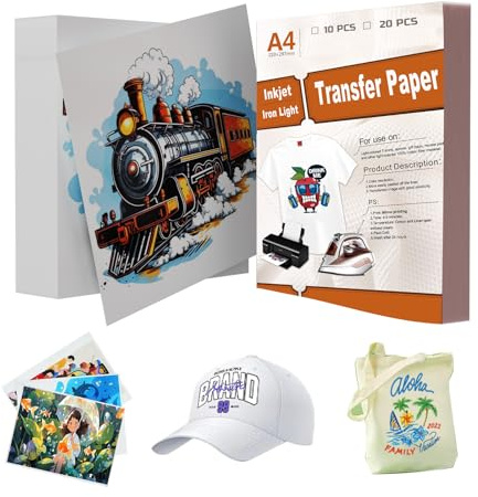LetCartMaker Transferpapier, helle Farbe, A4, Inkjet-Wärmetransferpapier für leichte Stoffe, bedruckbares HTV, Bügelbilder für T-Shirts, Tintenstrahl- und Laserdrucker (normal, 10 Blatt)