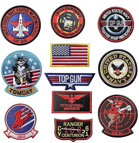 11 Stück Top Gun Aufnäher zum Aufbügeln USA Flagge Maverick Patches bestickt Air Force Navy Marine Army Jacke Tactical Military Logo Dekorative Applikation