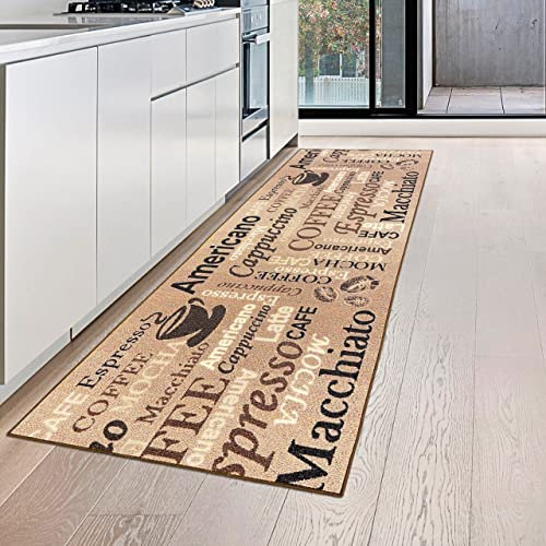 Teppich-Traum Coffee Küchenläufer in beige mit Gelrücken und Schriftzug in braun, 80 x 200 cm