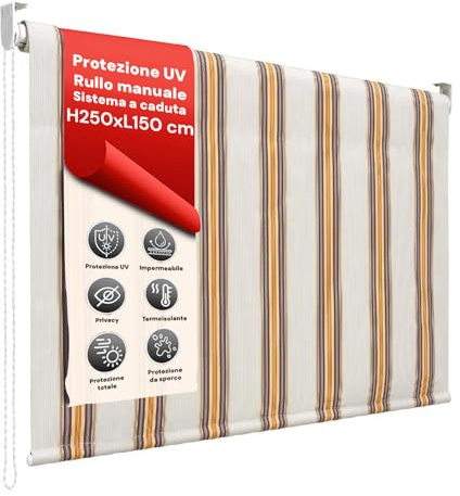 AVILIA Tenda da Sole a Caduta 250x150 cm con Rullo in Alluminio, Parasole Esterno a Righe Beige, Attacco Soffitto Incluso