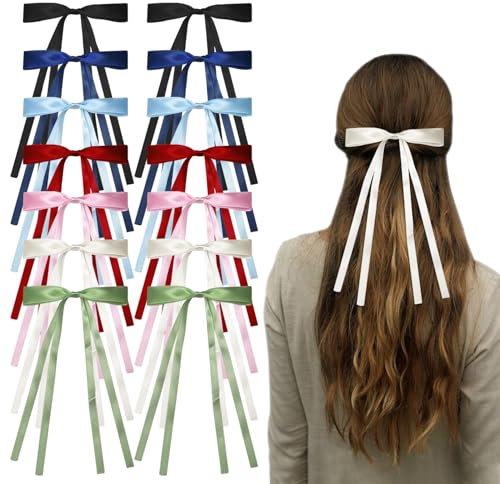 SYEYCW 14 Piezas Lazos Pelo Mujer, Lazos de Pelo de Colores, Clips de Pelo con Cola Larga, Lazos de Pelo de Cinta de Raso con Clips de Metal, Lazo de Pelo de Cinta de Color Sólido, para Niñas Mujeres