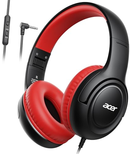 Acer Kids Headphones Wired for Kids with 85/94dB Volume Limit, 3.5mm Jack | Foldable Adjustable Stereo Sound Over Ear, for School, Travel, Tablet, Kindle, iPad, PC(Black Red)