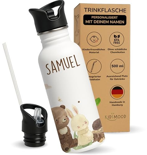 Kidsmood - Personalisierte Trinkflasche für Kinder aus Edelstahl, 500ml, Auslaufsicher mit Trinkhalm, Spülmaschinenfest | Für Schule & Kindergarten oder als Einschulungsgeschenk Mädchen und Jungen