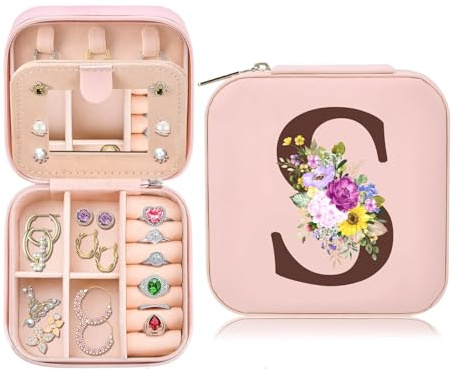 Toozen Geschenk für Frauen, Initiale Schmuckkästchen mit S, Kleine Schmuckkästchen, Reise Schmuckschatulle mit Spiegel für Damen Mädchen, Geschenk für Geburtstag Weihnachten Muttertag Hochzeit, Rosa
