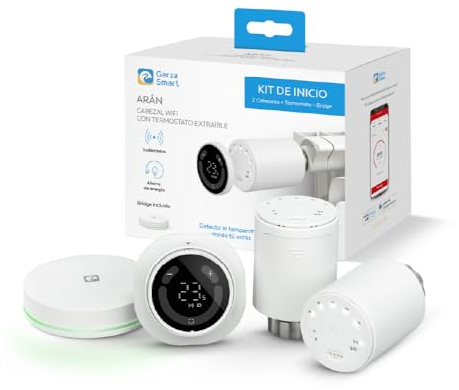 Garza - Pack Kit 2 Cabezales WiFi para Radiador + Sensor Portátil + Bridge Zigbee, Válcula termostática, Control App y Voz, Modos Manual/Automático + 4AA + Bombilla WiFi E27 RGB ESF