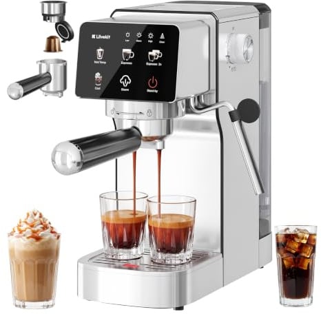 LLIVEKIT 2 en 1 Machine à Café Expresso 20 Bars, Mousseur à Lait Intégré | Extraction Chaude & Froide, Double Mode Capsules/Poudre, Réservoir 1,2L, Écran Tactile LED, Acier Inox
