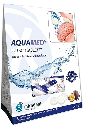 miradent AQUAMED® Lutschtablette 26 Stück, 60 g gegen Mundtrockenheit | mit Xylit gesüßt | fruchtig erfrischender Passionsfrucht-Geschmack | erhält Feuchtigkeitsniveau