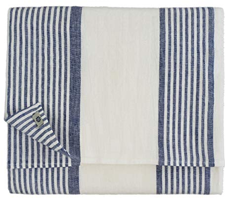 Linen & Cotton Tischdecke Rustikal Landhaus Vintage Olivier 100% Leinen, Weiß Blau (150 x 250 cm) Tischtuch Stoff Tischwäsche Lang Rechteckig Streifen für Haus Home Küche Dekoration Sommer Party