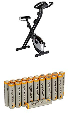Ultrasport F-Bike Heavy, Fahrradtrainer, Heimtrainer, Fitnessfahrrad mit Trainingscomputer und Handpulssensoren, klappbar, Schwarz/Silber mit Amazon Basics Batterien