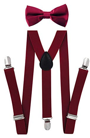 axy Jungen Hosenträger-Y Form 2,5cm breit mit Fliege - 3 Stabile Clips (Weinrot)