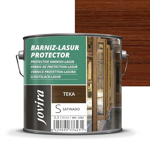 JOVIRA PINTURAS. BARNIZ LASUR PROTECTOR SATINADO (7 colores) Protege, decora y embellece todo tipo de madera (2,3 Litros, Teka) H-31