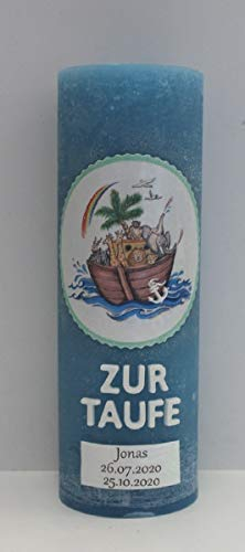 Taufkerzen XXL Rustic Vintage Blau 30 x 10 cm mit Teelichteinsatz für Jungen Arche mit Namensverzierung (Vornamen + Taufdatum) und Geschenkkarton