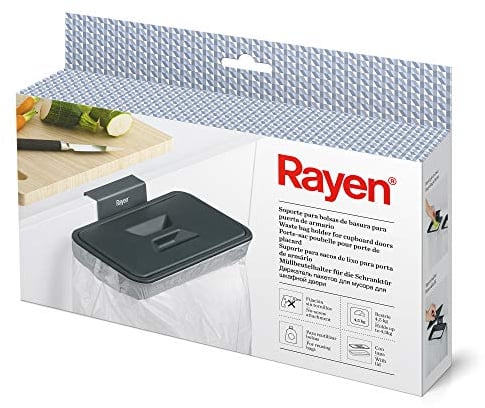 Rayen | Support pour Sacs Poubelle pour Porte d'armoire avec Couvercle | pour Porte Maximum 2 cm | Gris | 24,5 x 13,5 x 5,5 cm