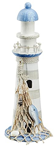 Leuchtturm Holz blau weiß Deko mit Muscheln & Netz Dekoration Strand Meer Maritim (Höhe 30 cm, blau-weiß)