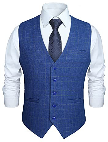 HISDERN Herren Blau formale Hochzeit Party Weste Baumwolle Plaid Check Burgund Kleid Anzug Weste