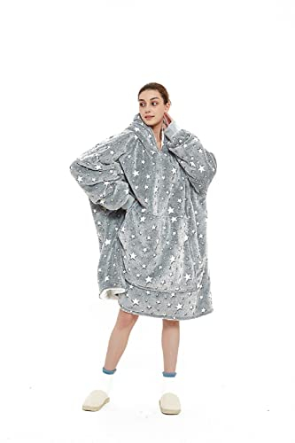 iyoimono Hoodie Decke für Damen Flanell Fleece Pullover Sweatshirt Decke Flauschige Sherpa TV-Decke mit Ärmeln Übergroße Kapuzen Pullover Kuscheldecke Einheitsgröße(Grauweiße Sterne)