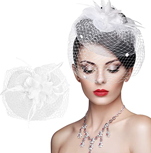 Fascinator Hüte, Schleier Mesh Feder Stirnband, Kirche Kopfschmuck, Braut Fascinator Haarreif für Mädchen und Damen Tea Party (Weiß)