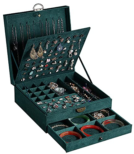 GYJOYERO Schmuckkästen für Damen 3 Schichten großer Schmuck-Organizer Aufbewahrungsbox für Ohrringe Halsketten Ringe Armbänder Schmuckhalter abschließbar Schmuckkästchen (grün)