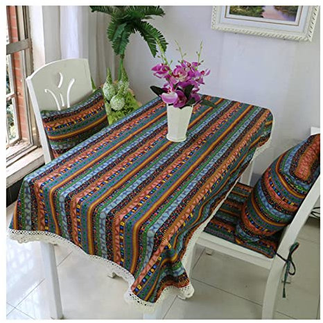 EHOMERY Filu Tischdecke Table Cloth Stain Resistant Retro-Streifen Abwaschbare Tischdecke Landhaus Tischtuch Gehäkelt Grün Tischschutz Dekoration 110X160Cm