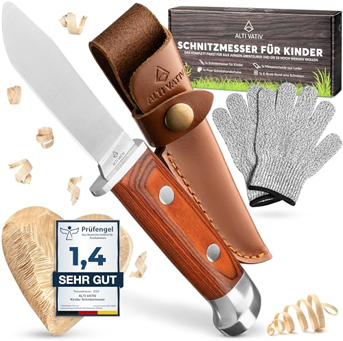ALTIVATIV - Schnitzmesser Kinder ab 5 Jahren [Schnitz-Videokurs & E-Book] Schnittfeste Schnitzhandschuhe für jedes Alter - Taschenmesser Set mit Messerscheide - Kindermesser ab 5 Jahren