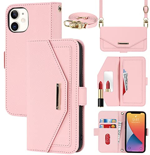 CAVOR Handykette iPhone 12 Mini Hülle Mit Band, Flip Leder Geldbörse Mit Spiegel, 5 Kartenfächer, Magnetverschluss, Klapphülle Schutzhülle - Rosa