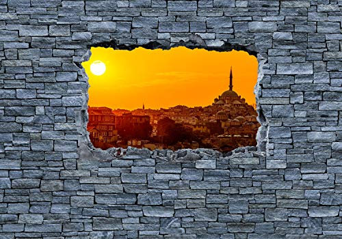 wandmotiv24 Fototapete 3D Sonnenuntergang Istanbul - grobe Steinmauer, 400 x 280 cm - selbstklebende Strukturtapete, Wanddeko, Wandbild, Wandtapete, 3D-Optik, Wandbruch, Stadt M0638