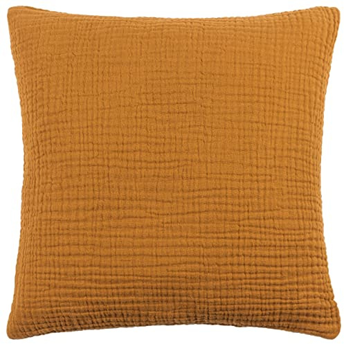 Yard Lark Feather Filled Cushion (Cumin, 45 x 45 cm) | Soft Minimalistic Textured Muslin Cotton Decorative Pillow