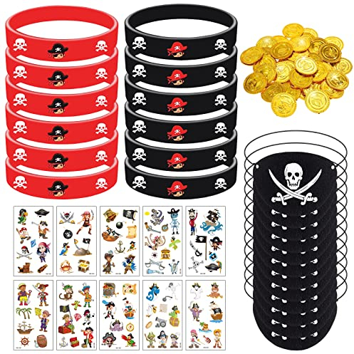 JOKILY 58 Stück Piraten Party Mitgebsel, Piraten Kindergeburtstag Mitgebsel mit Silikonarmband Piraten Augenklappe Piratenmünzen Tattoos, Piraten Kostüm Zubehör für Piraten Party Kindergeburtstag (A)