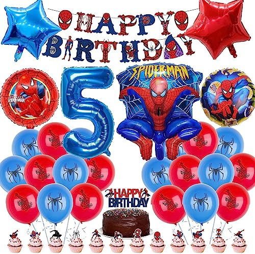 Spiderma Kindergeburtstag Deko,30 Stück Helium Ballons Geburtstag,Mit riesigen 3D-Spiderma-Heldenballons und Zahlenballons,Geburtstagsdeko Für Kinder 5 Jahre