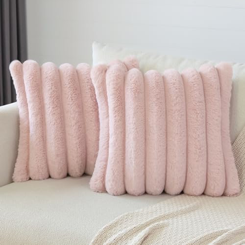 Soleebee 2er Set Plüsch Samt Kissenbezüge, Weiche Künstliche Pelz Kissenbezug Sofa Zierkissenbezüge Dekokissen Kissenhülle Set für Schlafzimmer Zuhause Couch Auto Dekor (60x60cm, Rosa)