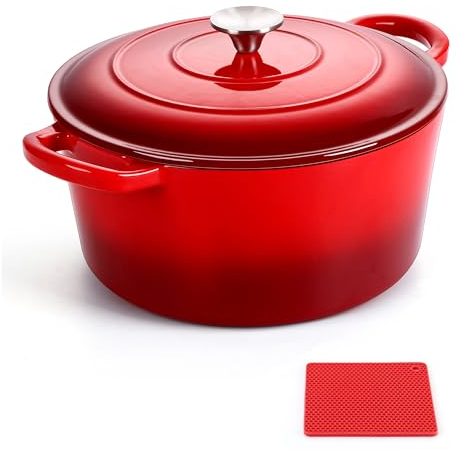 LIANYU Enameled Cast Iron Dutch Oven with Lid and Silicone Trivet Mat, 6 QT Nonstick Dutch Oven Cooking Pot for Sourdough Bread Baking, Round Dutch Oven for Roasting, Stewing, Braising, Dual Handle &
