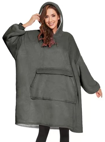 GAYYNE Hoodie Decke mit Ärmeln Deckenpullover, Tragbare Decken Hoodie Damen, Ultra Weiche Sherpa Fleece Hoodie Sweatshirt mit Big Pocket als Geschenke für Frauen Damen Grau
