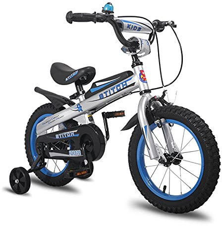 HILAND Knight 12 Zoll Kinderfahrrad für Kinder Jungen ab 2 3 4 Jahre alt Fahrrad mit Stützrädern Klingeln Handbremse Silber Blau