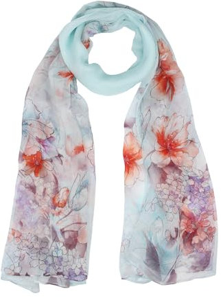 ANDANTINO Langer Schal für Damen, 100% Seide, Chiffon, großer Schal für Kopftuch und Hals, längliche Haarwickel mit Geschenkverpackung, Blüten - Hellblau, Large