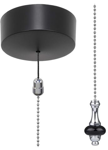 ElekTek UK Safety Approved Matt Black Bathroom Light Pull Switch Kit Black Ceramic Disc + Chrome Chain, EN 60669-1 & CE Mark, Earth Terminal, 6A 250V, 1 or 2 Way use, Full Wiring Instructions