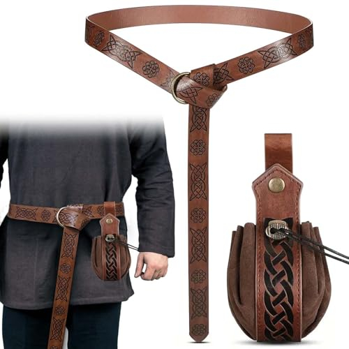 2er Halloween Nekromanten Anzug Set, Mittelalter GüRtel Kit, Mittelalterlicher Kunstledergürtel & Wikingertasche mit Kordelzug, Vintage Gürteltasche O-Ring-Gürtel für Cosplay Ritter Kostüm Zubehör