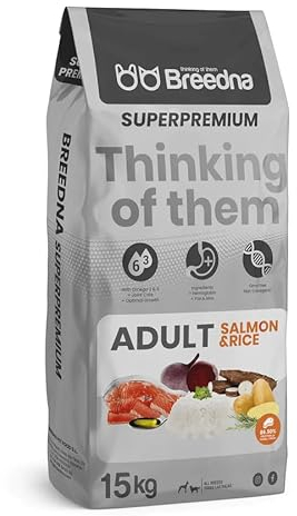BREEDNA - Adult Salmon&Rice 15kg | Pienso para Perros Adultos con Salmón Deshidratado | Ideal para Actividad Física Normal | Comida para Perros de Salmón para Piel y Pelo Sano y Brillante