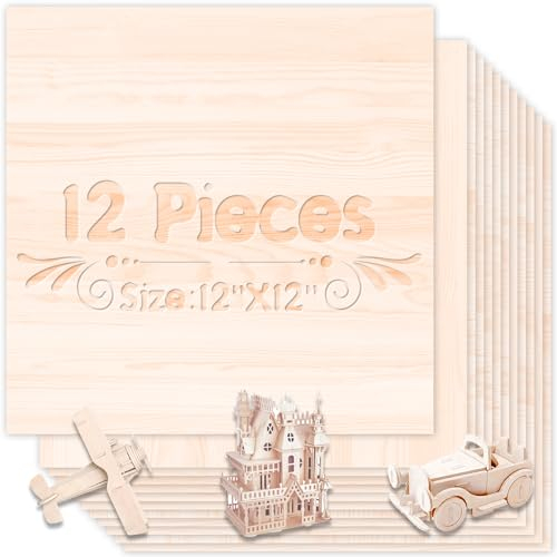 Basswood Sheets for Craft, 12 Pack, 12 x 12 x 1/8 Inch,3mm Thick Plywood Sheets,Natural Unfinished Wood Boards for Laser Cutting & Engraving, DIY Architectural Models, Wood Burning (12inchx12inch)