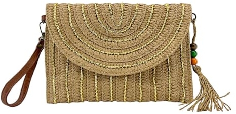 MODELISA - Bolso Cartera Sobre Rafia Paja De Mano Y Hombro Primavera Verano Borla Mujer (Marrón/Dorado)
