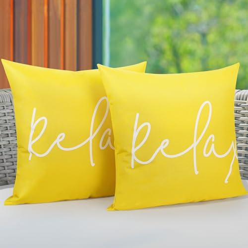 Lewondr Outdoor wasserdichte Kissenbezug, 2 Stück 50x50cm Kissenbezug mit gedrucktem Schriftzug und PU-Beschichtung UV-Schutz für Garten Terrasse Sofa Balkon Camping, Gelb