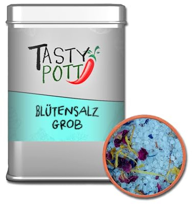 Tasty Pott Grobes Blütensalz | Salzmischung | Meersalz | Kornblumenblüten | Rosenblüten | Ringelblumenblüten | Salz | Verschiedene Größen (100g Dose)
