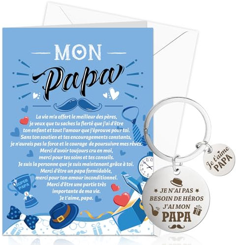 DPKOW Je t'aime Papa Porte-Clés Carte avec Enveloppe, Cadeau pour Papa Fête des Pères Carte Porte-Clés pour Papa Noël Anniversaire Cadeau Carte Meilleur papa Merci Cadeau Carte Je t'Aime Papa