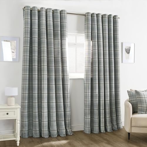 OHS Grey Eyelet Curtains for Living Room Bedroom, Soft Decorative Woven Check Blackout Thermal Curtains Modern Fully Lined Curtain for Window Treatment 2 Panel, 46 x 54