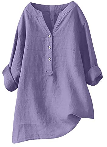 NZYIHAO Camicetta in lino da donna, elegante, tinta unita, con scollo a V, con bottoni, in cotone e lino, camicia estiva, leggera, grande, in lino, comoda, a maniche lunghe, #03 Viola, xxl