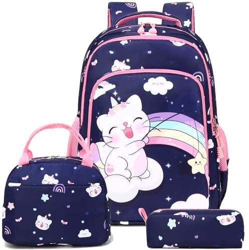 Kinderucksack Katzen Rucksäcke für Mädchen Schulranzen Kinder Einhornrucksack Mädchen Schultaschen 3 TLG. Sets für Schule 1-3 Klasse,Reisen Wandern