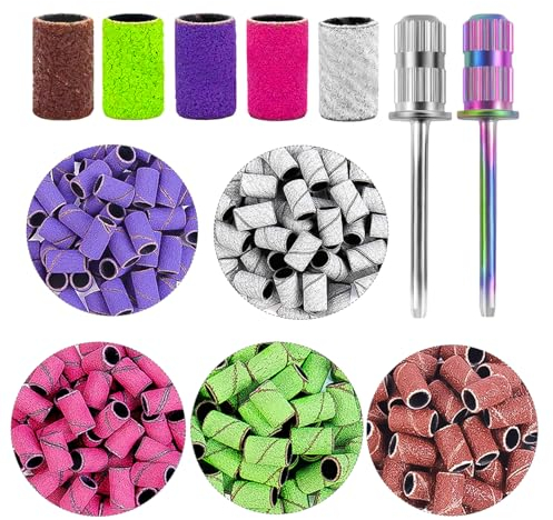 BELICOO Nagelfräser Aufsätze 300 Stück, 80/120/150/180/240 Grit Schleifhülsen Nagelfräser Bits, Professioneller Schleifkappen Nagelfräser mit 2 Stück Nagelbohrer für Nageldesign Maniküre Nagelpflege
