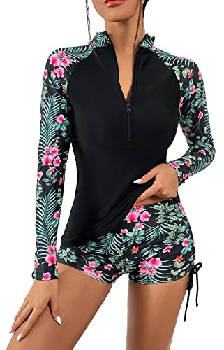 Générique Maillot de bain 2 pièces à manches longues pour femme, maillot de bain anti-UV UPF 50+, maillot de bain floral avec bas taille haute, pour la natation et le (Noir1, M)